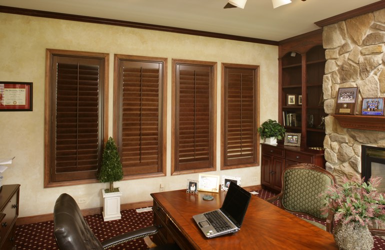 Hardwood plantation shutters in a Jacksonville home office